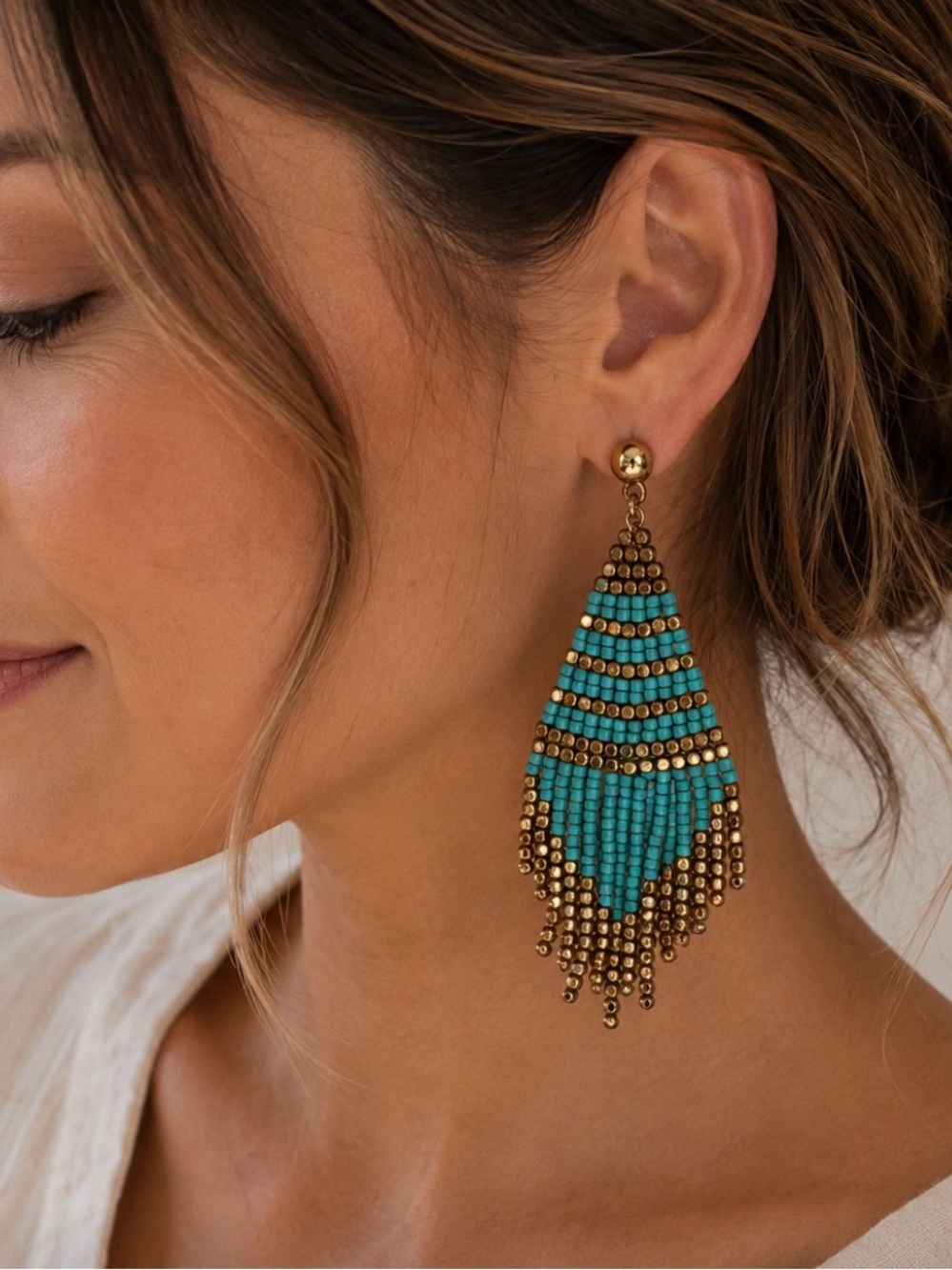 Handmade Gold and Turquoise Blue Beaded  Earrings